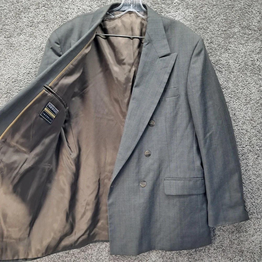 Haggar Imperial Mens Grey Pinstripe Double Breasted Blazer Jacket Size 42 8102
